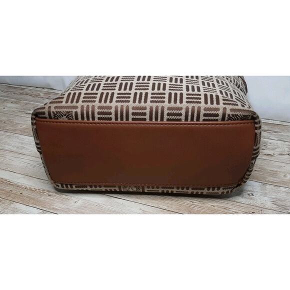 Anne Klein Tote Bag Handbag Purse Zip Top Brown/Tan Vegan Leather Canvas - Picture 8 of 15